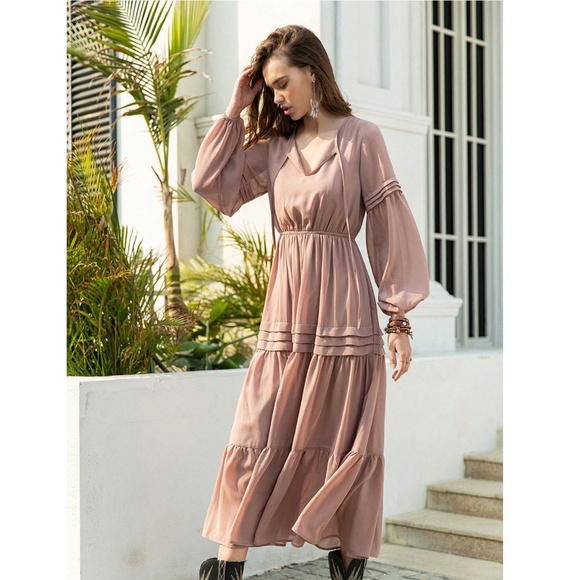 Pink Bohemian Maxi Dress Chiffon Neck Ties Long Sleeve Ruffle Hem Flowy - Picture 8 of 10